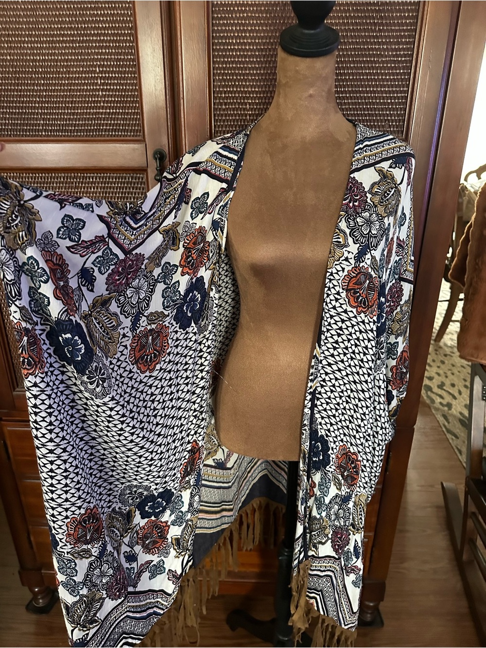 Angie Floral Open-Front Kimono in Navy, Rust & Cream